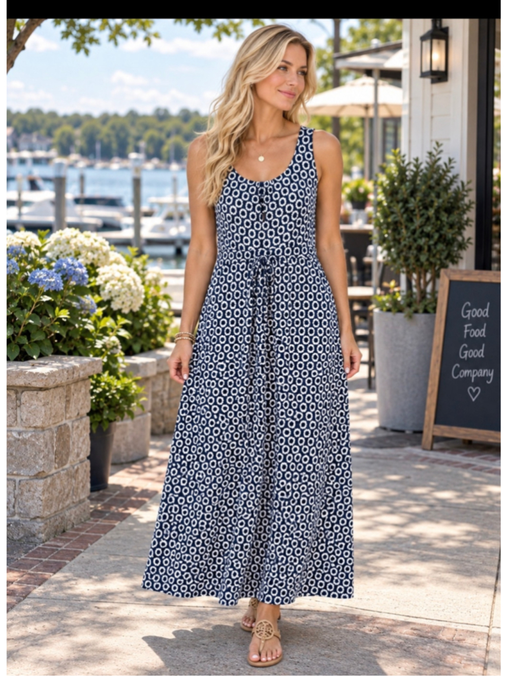 Women's Boden Maxi Dress Size 10 Navy Blue White Patterned Sleeveless